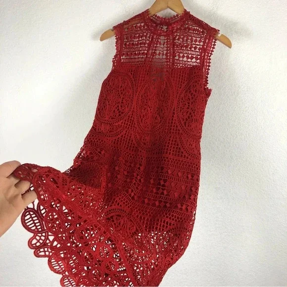 Lovers + Friends Lace Blush Red Crochet Open Back Cocktail Midi Dress Medium - Picture 12 of 15